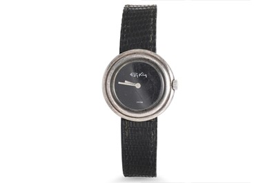 Lot 463 - A SILVER RAY KING WRISTWATCH, black leather strap