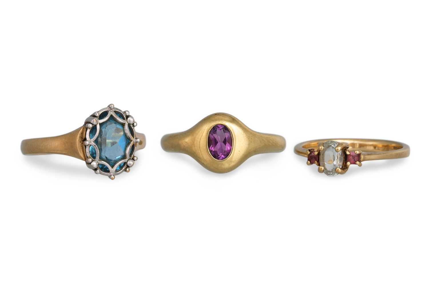 Lot 182 - THREE GEM SET RINGS, mounted in 9ct yellow gold