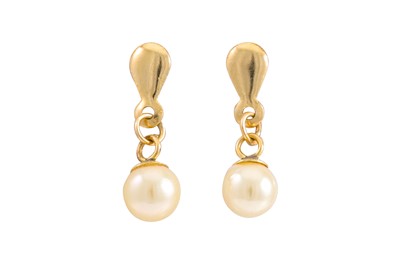 Lot 148 - A PAIR OF PEARL DROP EARRINGS, mounted in gold