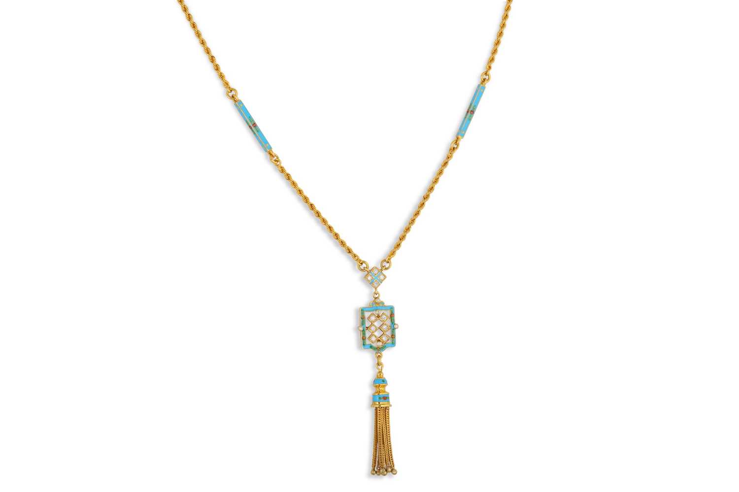 Lot 278 - A DIAMOND AND ENAMEL PENDANT, the central...