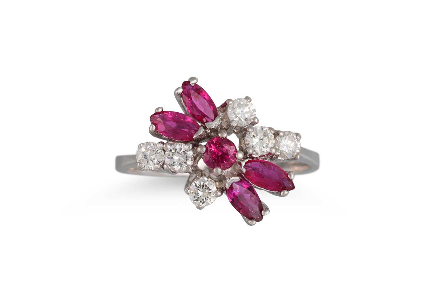Lot 280 - A RUBY AND DIAMOND CLUSTER RING, of cross over...