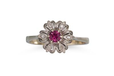 Lot 399 - A RUBY AND DIAMOND CLUSTER RING, mounted in...