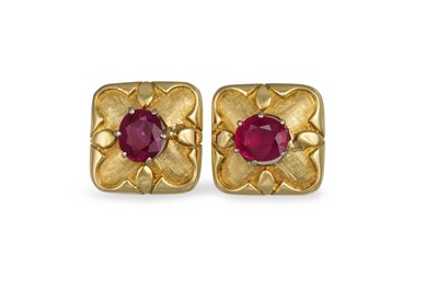 Lot 425 - A PAIR OF RUBY SET EARRINGS, of square plaque...