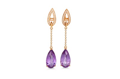 Lot 433 - A PAIR OF AMETHYST AND DIAMOND DROP EARRINGS,...