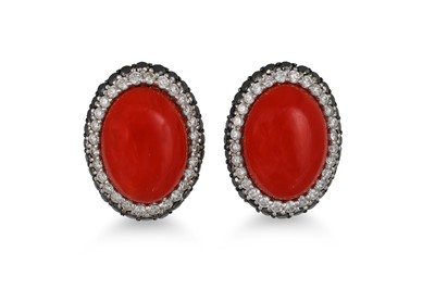 Lot 435 - A PAIR OF CORAL AND DIAMOND EARRINGS, the oval...