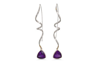 Lot 437 - A PAIR OF AMETHYST DROP EARRINGS, each...