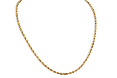 Lot 239 - A 9CT YELLOW GOLD ROPE LINK NECK CHAIN, 8.9 g.