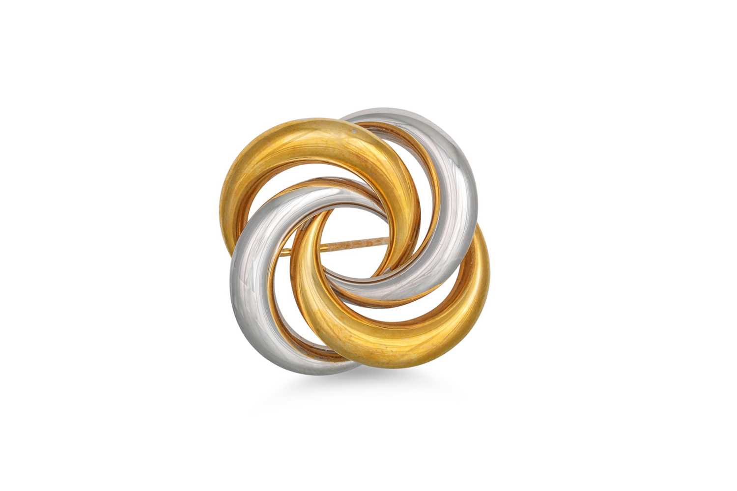 Lot 63 - A 9CT TWO COLOUR GOLD SWIRL BROOCH, 4.3 g. boxed