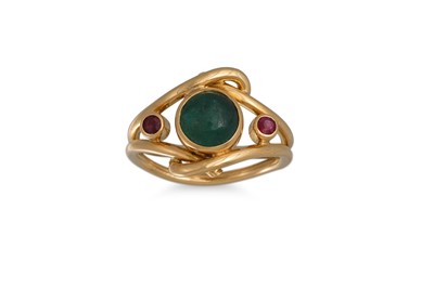 Lot 120 - A JADE AND RUBY SET DRESS RING, mounted in...