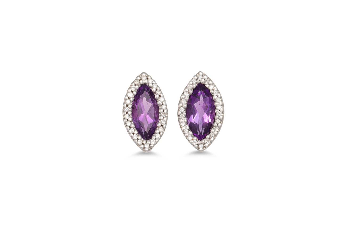 Lot 33 - A PAIR OF DIAMOND AND AMETHYST EARRINGS, the...