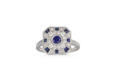 Lot 41 - A DIAMOND AND SAPPHIRE CLUSTER RING, of square...