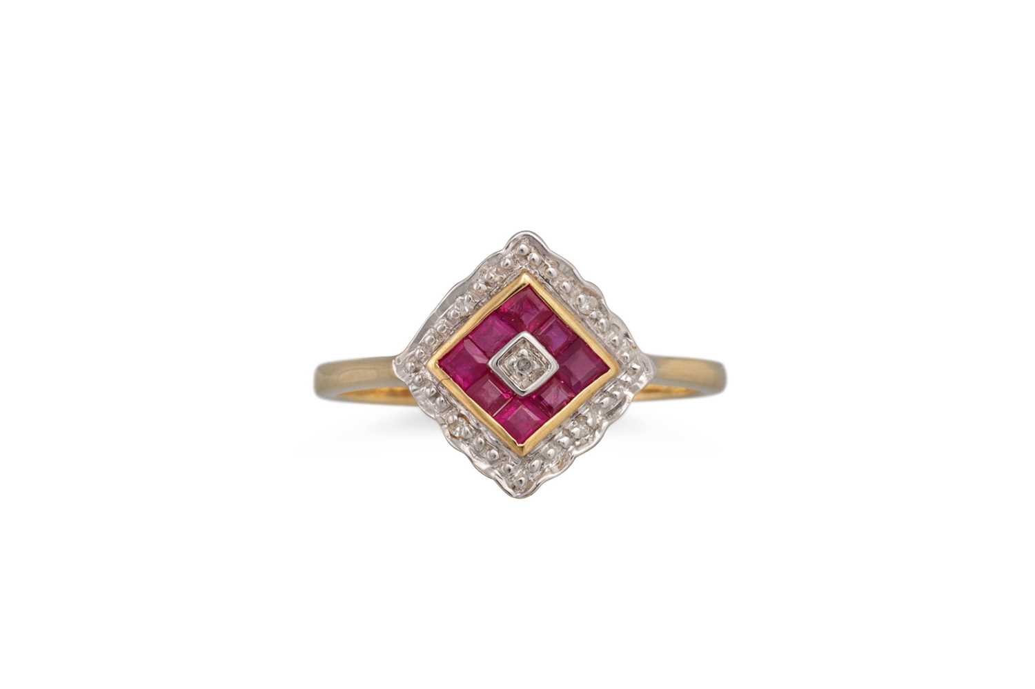 Lot 51 - A DIAMOND AND RUBY CLUSTER RING, of square...