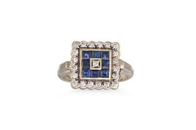 Lot 66 - A DIAMOND AND SAPPHIRE CLUSTER RING, of square...
