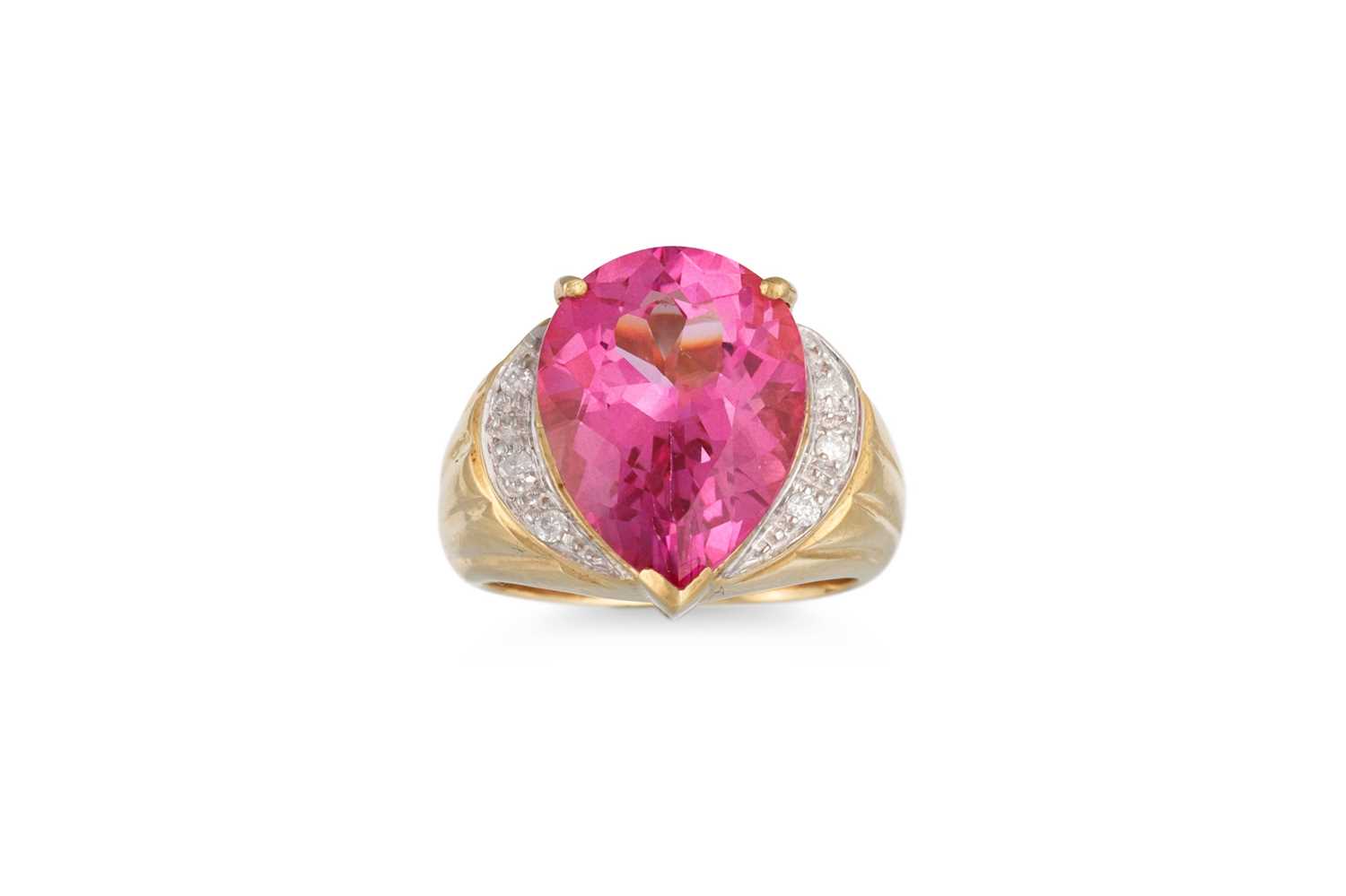 Lot 98 - A PINK TOPAZ AND DIAMOND RING, the large pear...
