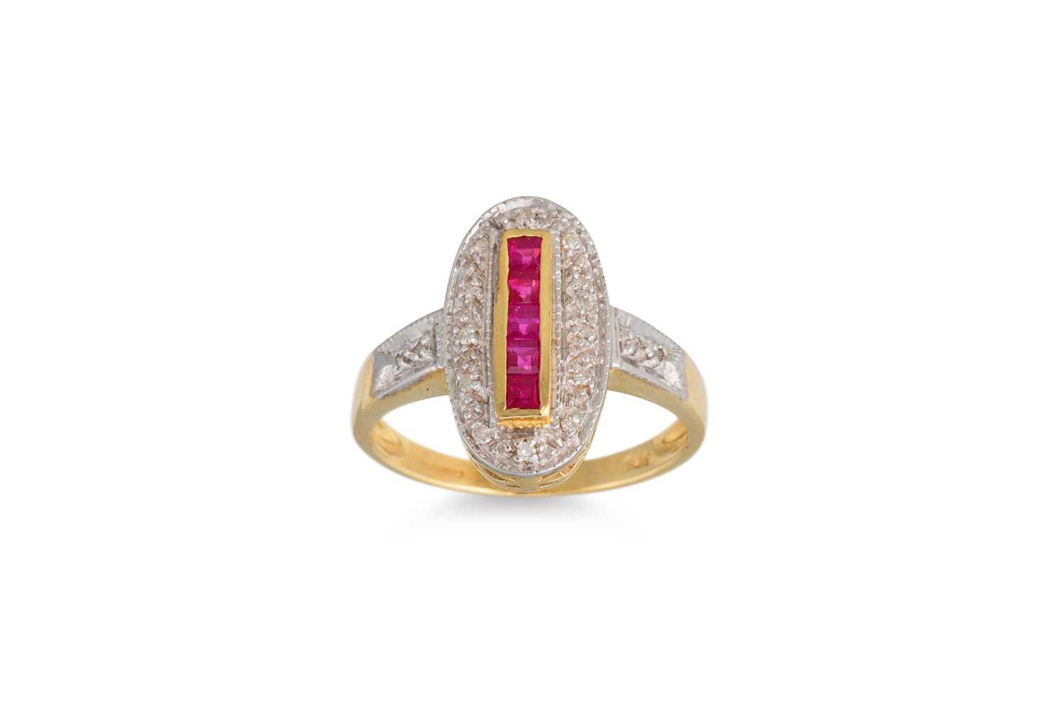 Lot 100 - A DIAMOND AND RUBY CLUSTER RING, of oval form,...