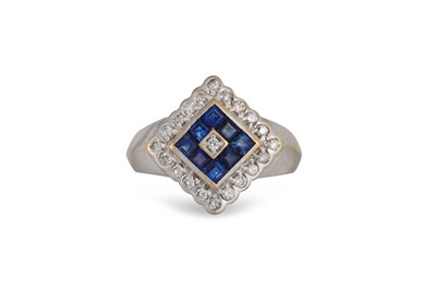 Lot 108 - A DIAMOND AND SAPPHIRE CLUSTER RING, of square...