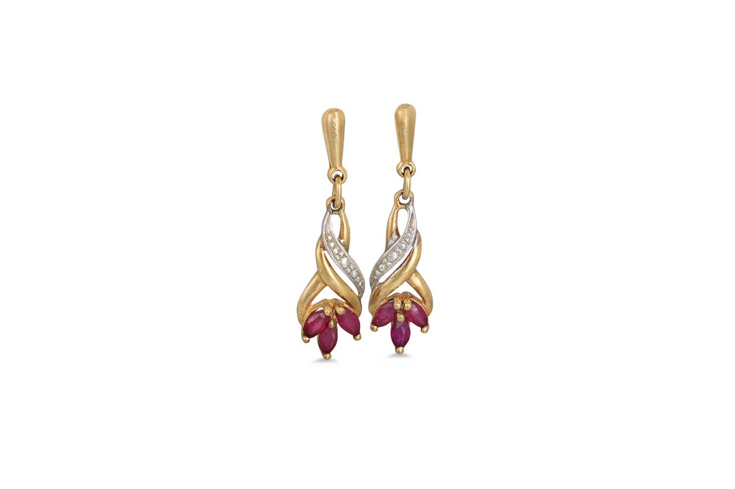 Lot 112 - A PAIR OF RUBY DROP EARRINGS, mounted in white...