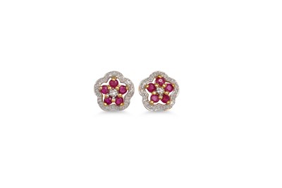 Lot 113 - A PAIR OF DIAMOND AND RUBY CLUSTER EARRINGS,...