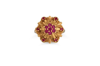 Lot 145 - A VINTAGE RUBY CLUSTER RING, of floral form,...