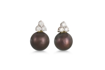 Lot 129 - A PAIR OF PEARL AND DIAMOND EARRINGS, the...