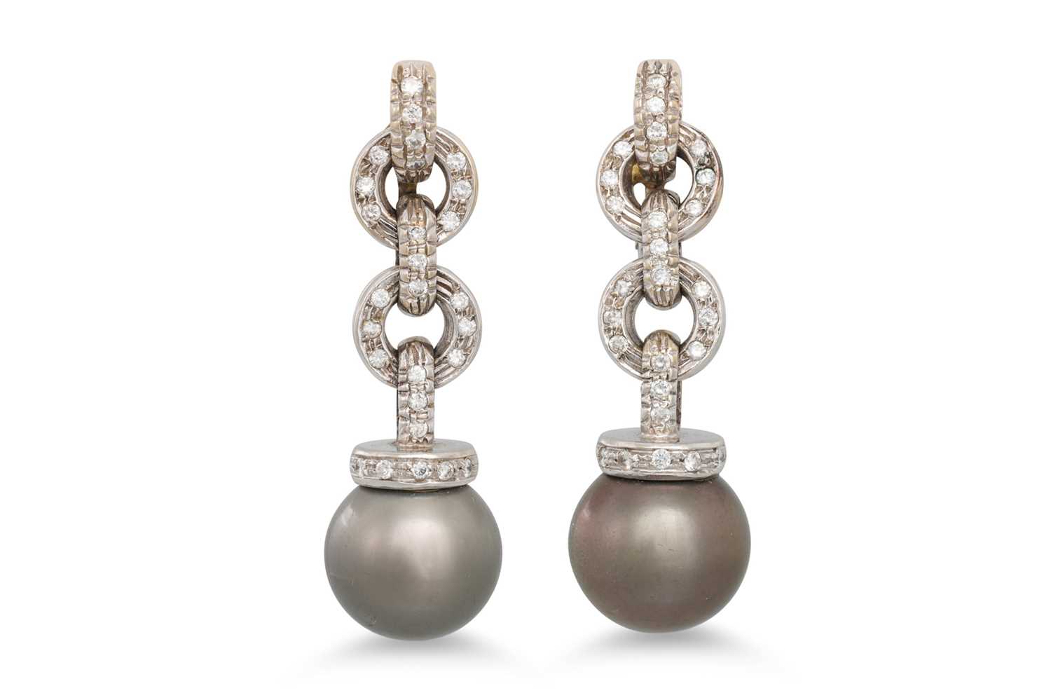 Lot 130 - A PAIR OF BLACK PEARL AND DIAMOND DROP...