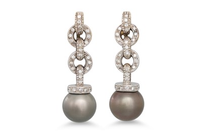 Lot 12 - A PAIR OF BLACK PEARL AND DIAMOND DROP...