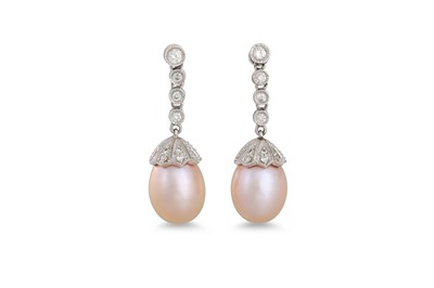 Lot 131 - A PAIR OF PEARL AND DIAMOND DROP EARRINGS, the...