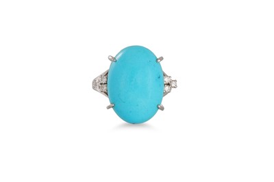 Lot 102 - A TURQUOISE AND DIAMOND RING, the cabochon...