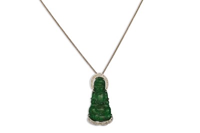Lot 103 - A DIAMOND AND JADE SET PENDANT, mounted in...