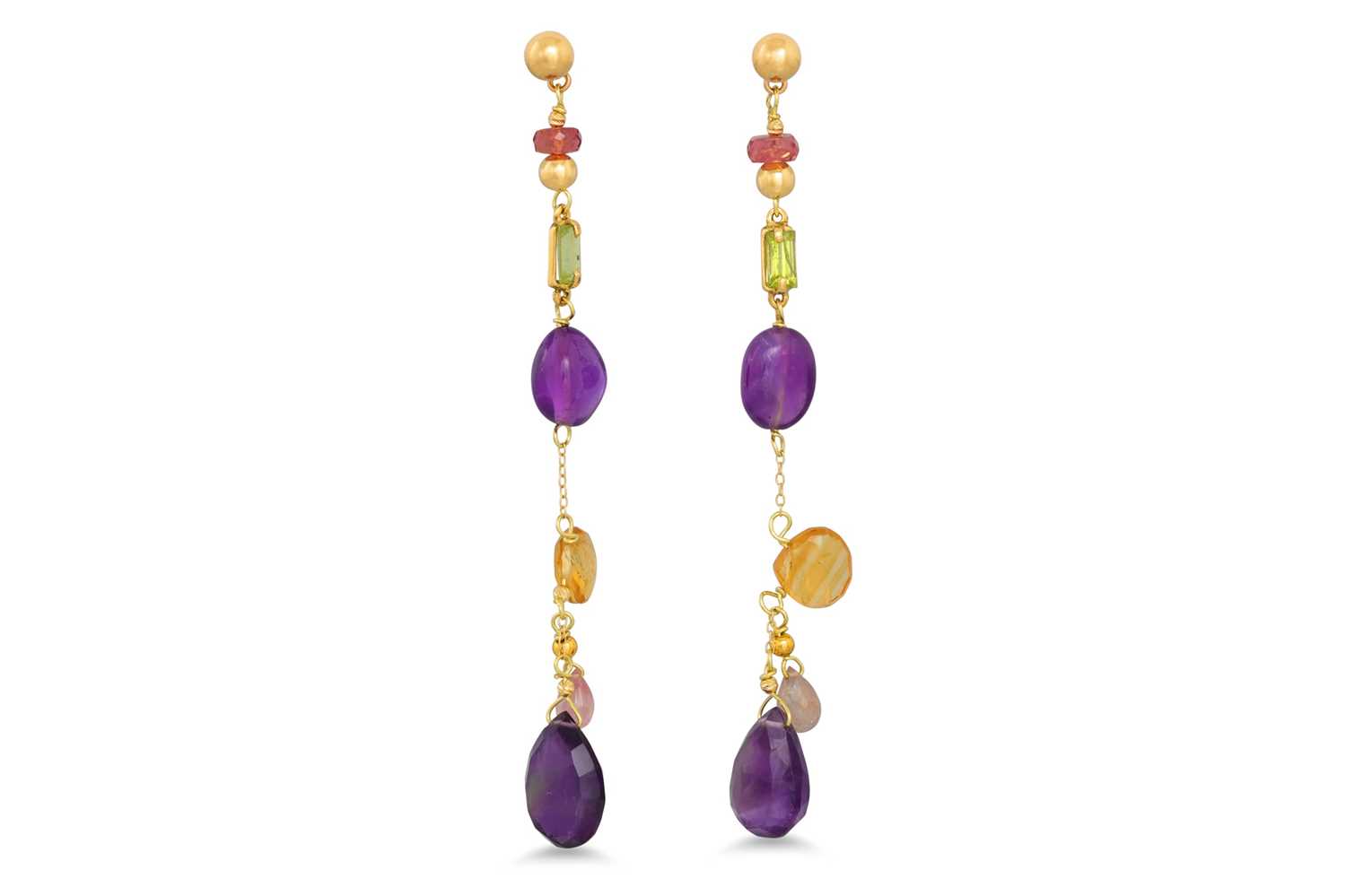 Lot 190 - A PAIR OF AMETHYST, CITRINE, PERIDOT AND PINK...