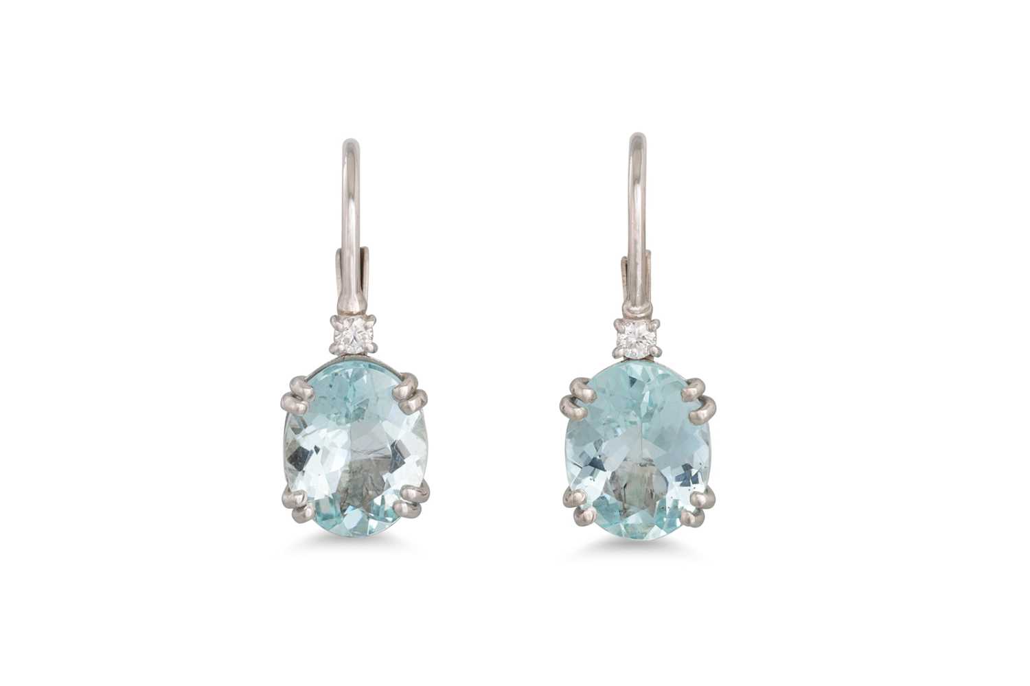 Lot 194 - A PAIR OF AQUAMARINE AND DIAMOND EARRINGS, the...