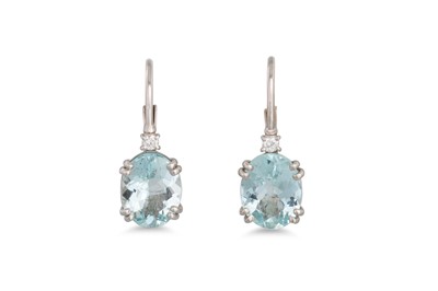 Lot 194 - A PAIR OF AQUAMARINE AND DIAMOND EARRINGS, the...