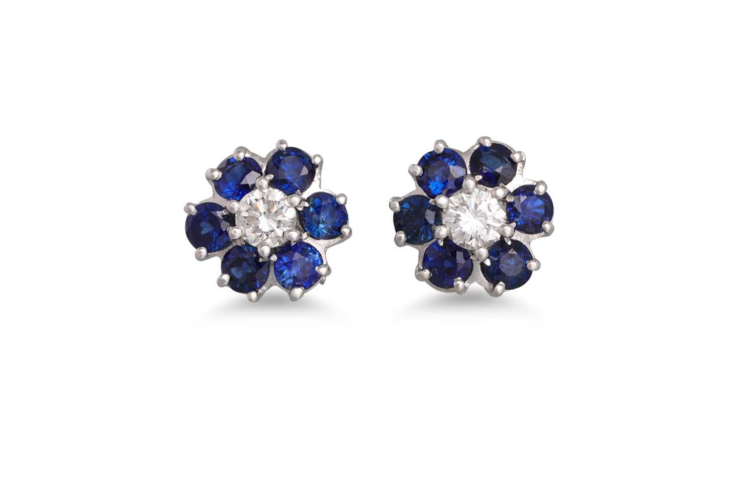 Lot 195 - A PAIR OF SAPPHIRE AND DIAMOND CLUSTER...
