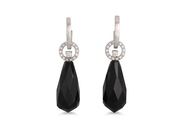 Lot 197 - A PAIR OF ONYX AND DIAMOND DROP EARRINGS, the...