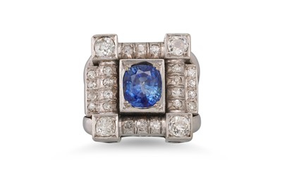 Lot 324 - A RETRO SAPPHIRE AND DIAMOND RING, the oval...