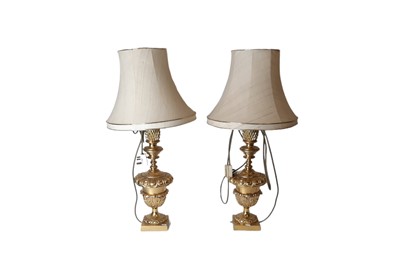 Lot 583 - A PAIR OF ELECTRIC BRASS LAMPS, of...