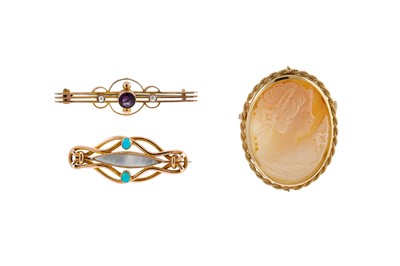 Lot 395 - TWO GOLD VINTAGE BROOCHES, together with a...