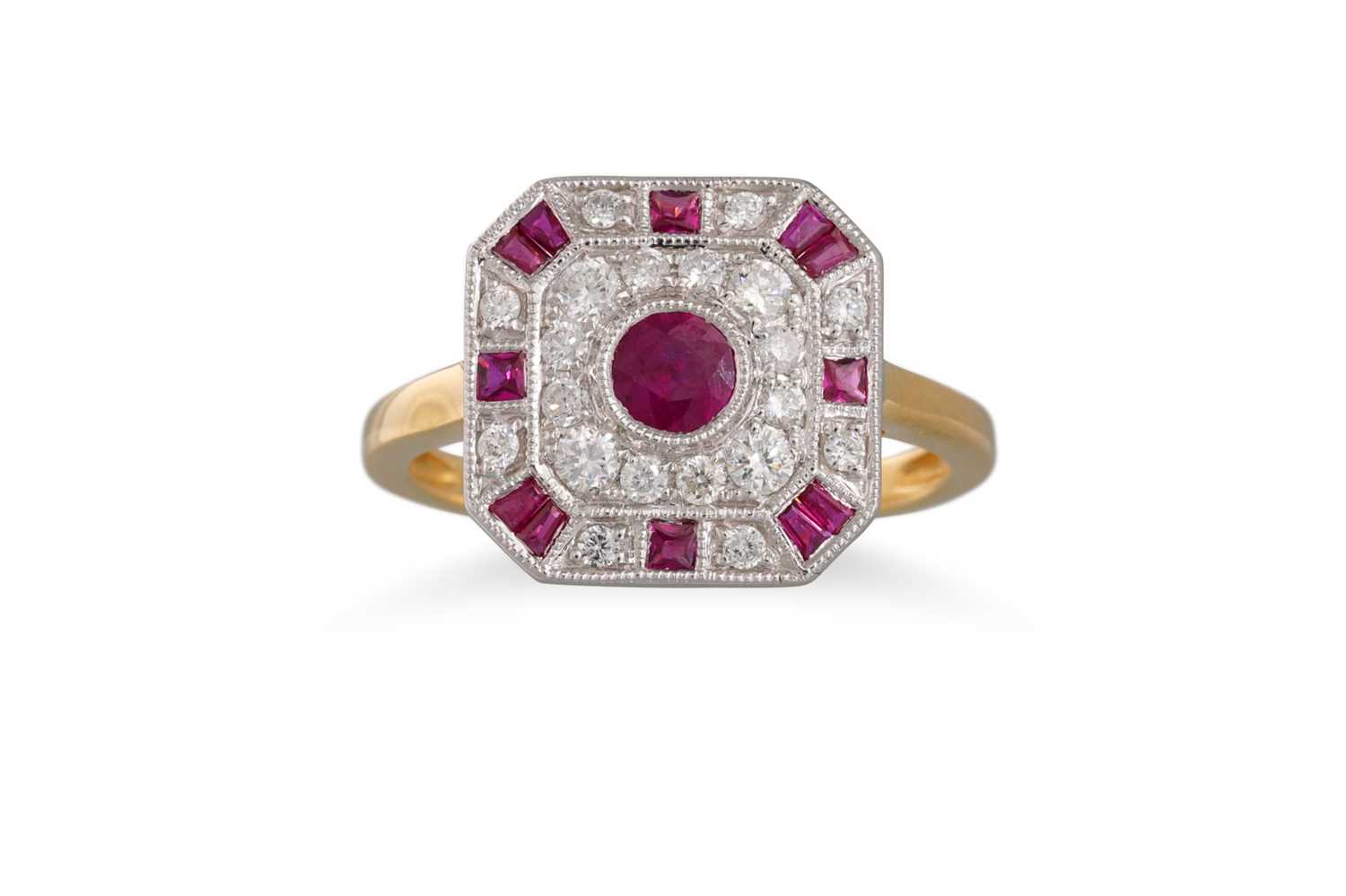 Lot 28 - A DIAMOND AND RUBY CLUSTER RING, of square...