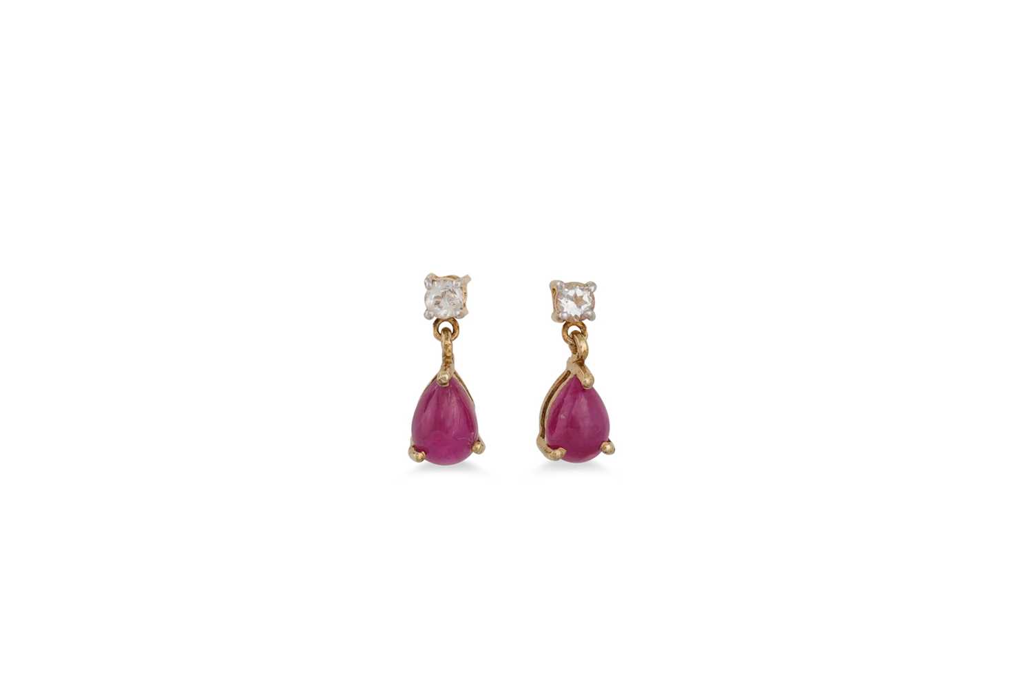 Lot 34 - A PAIR OF CABOCHON RUBY DROP EARRINGS, mounted...