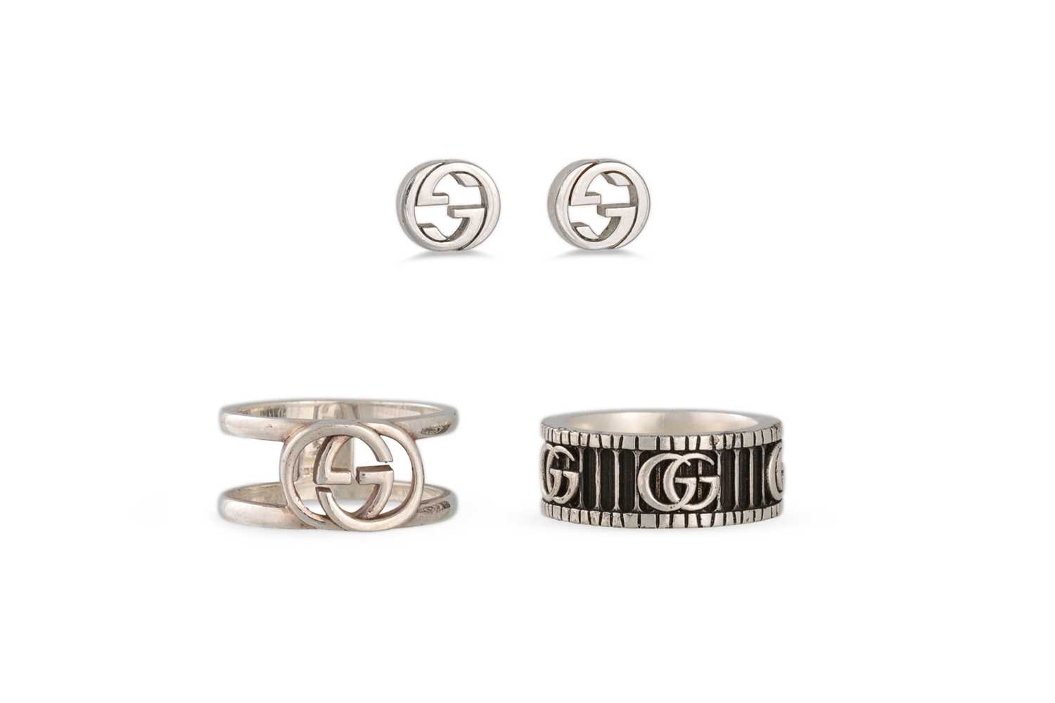 Lot 37 - A PAIR OF SILVER GUCCI EARRINGS, together with...