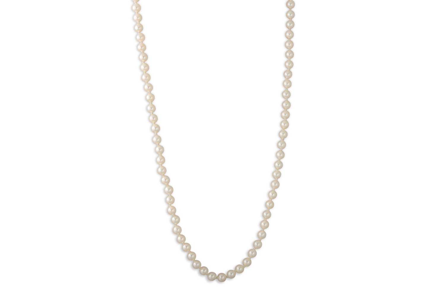 Lot 43 - A LONG STRANDED CULTURED PEARL NECKLACE, 9ct...