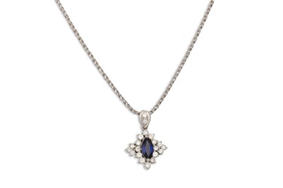 Lot 338 - A SAPPHIRE AND DIAMOND CLUSTER PENDANT, the...