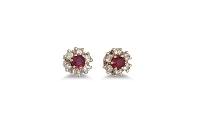 Lot 339 - A PAIR OF RUBY AND DIAMOND CLUSTER EARRINGS,...