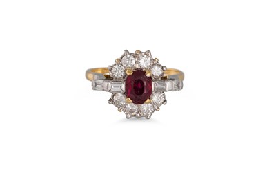 Lot 340 - A RUBY AND DIAMOND CLUSTER RING, the oval ruby...