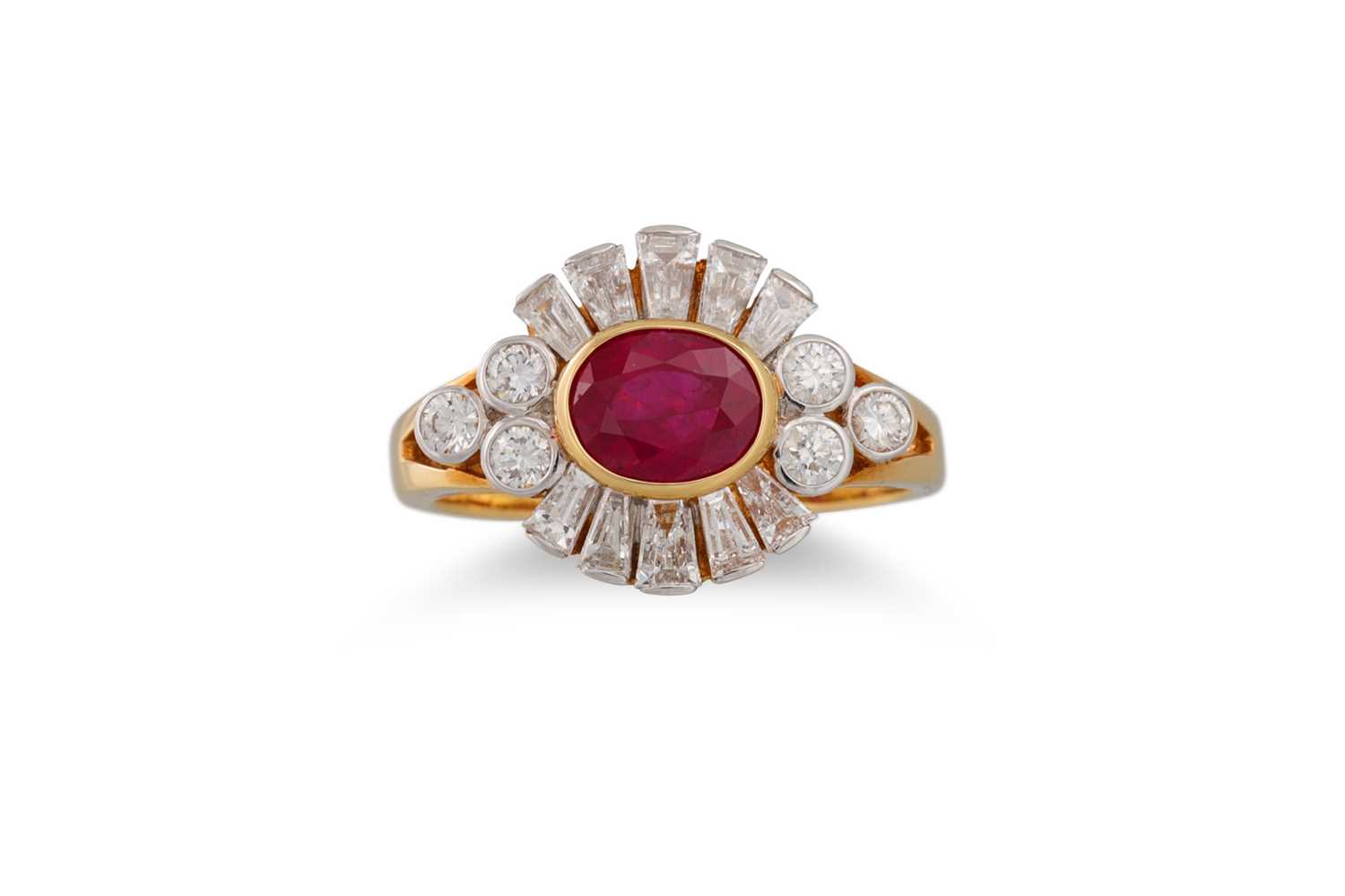 Lot 173 - A RUBY AND DIAMOND CLUSTER RING, the oval ruby...