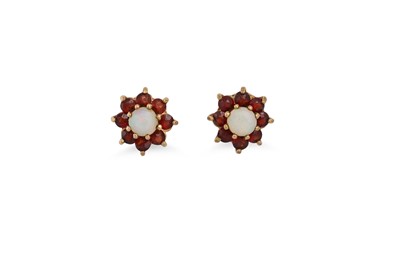 Lot 100 - A PAIR OF GARNET AND OPAL EARRINGS, mounted in...