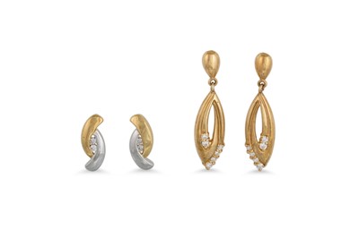 Lot 470 - TWO PAIRS OF 9CT GOLD EARRINGS, one diamond set