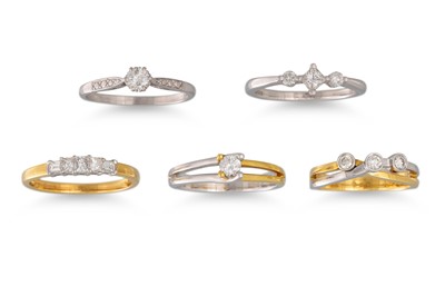 Lot 265 - FIVE DIAMOND RINGS, mounted in 18ct gold, (one...