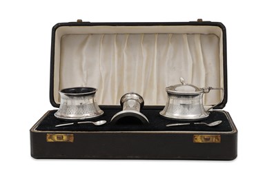 Lot 469 - A MODERN SILVER THREE-PIECE CASED CONDIMENT...