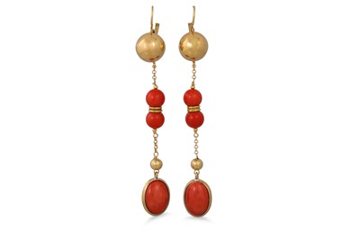 Lot 359 - A PAIR OF GOLD AND CORAL BEADED DROP EARRINGS,...